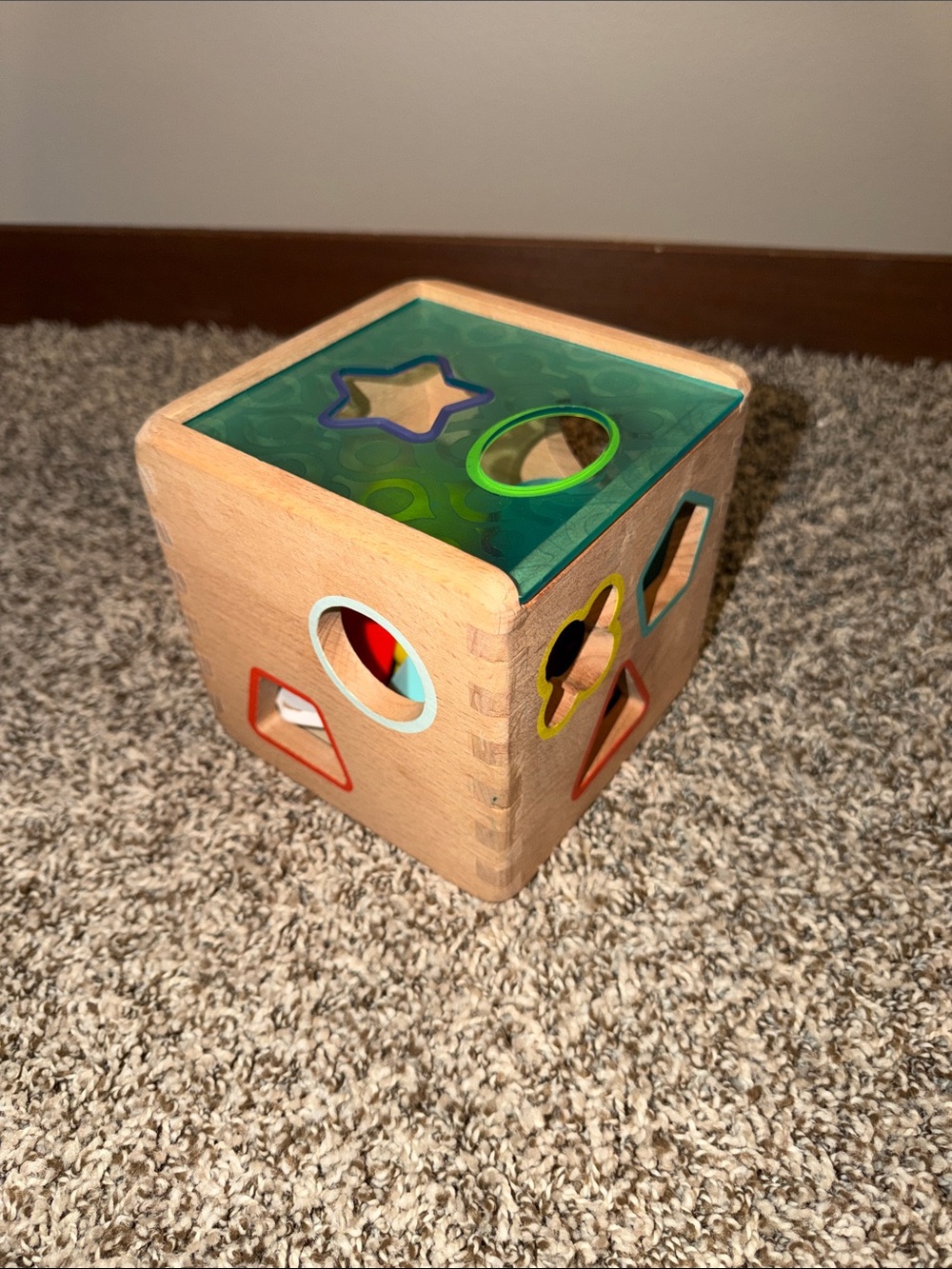 Wooden Shape Sorter Cube Toy in Natural Wood and Green Top